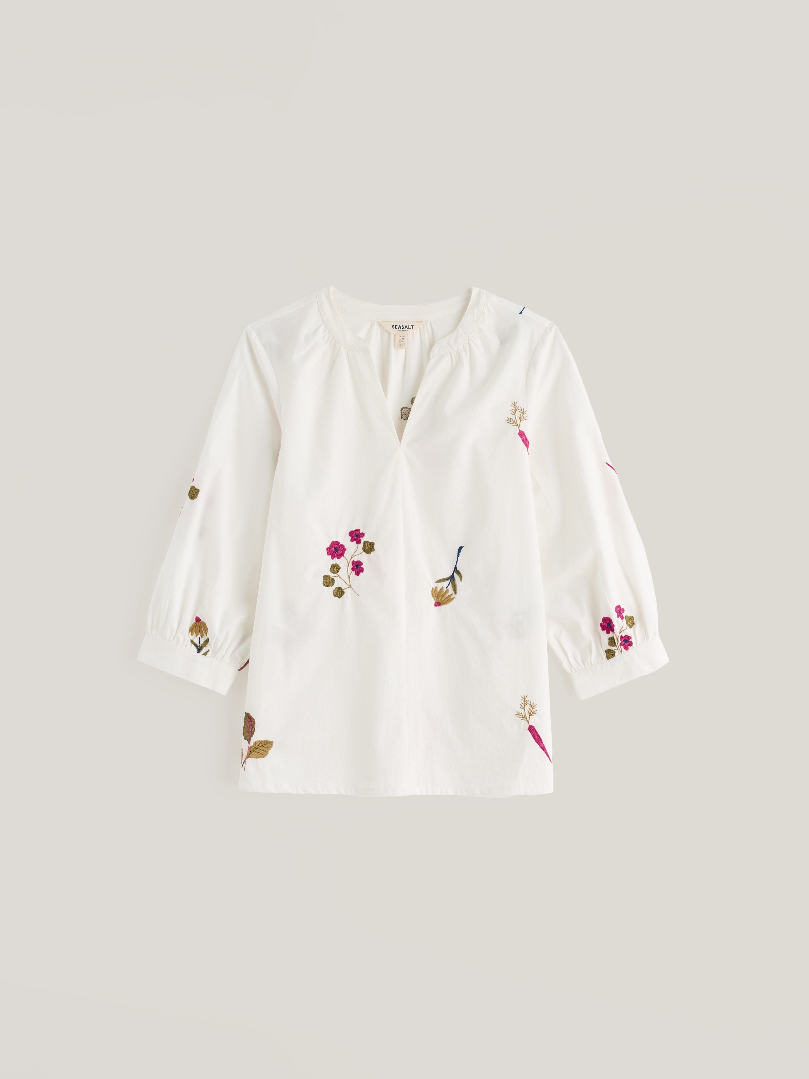 Seasalt Grace Embroidered Top Organic Cotton Poplin Flora Embroidery Chalk