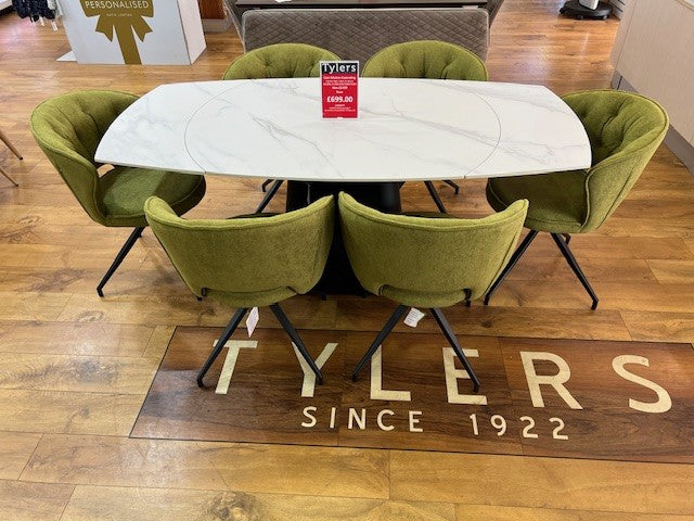 Cain Motion Extending Ceramic Table And Six Green Atlas Chair Set 4
