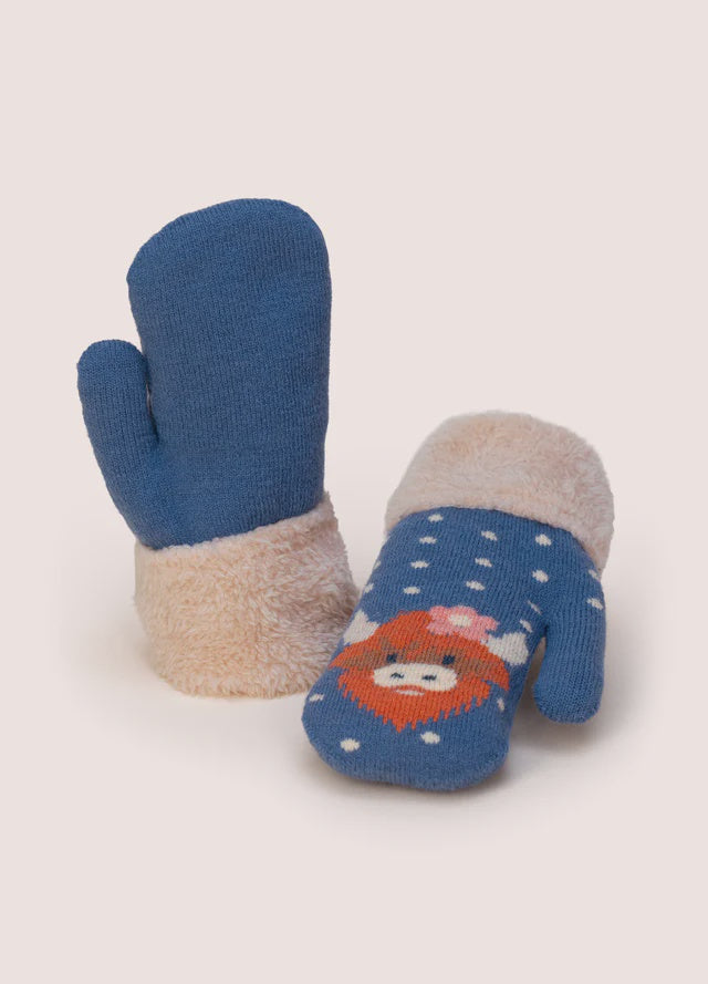 Powder Kids Highland Cow Mittens Navy