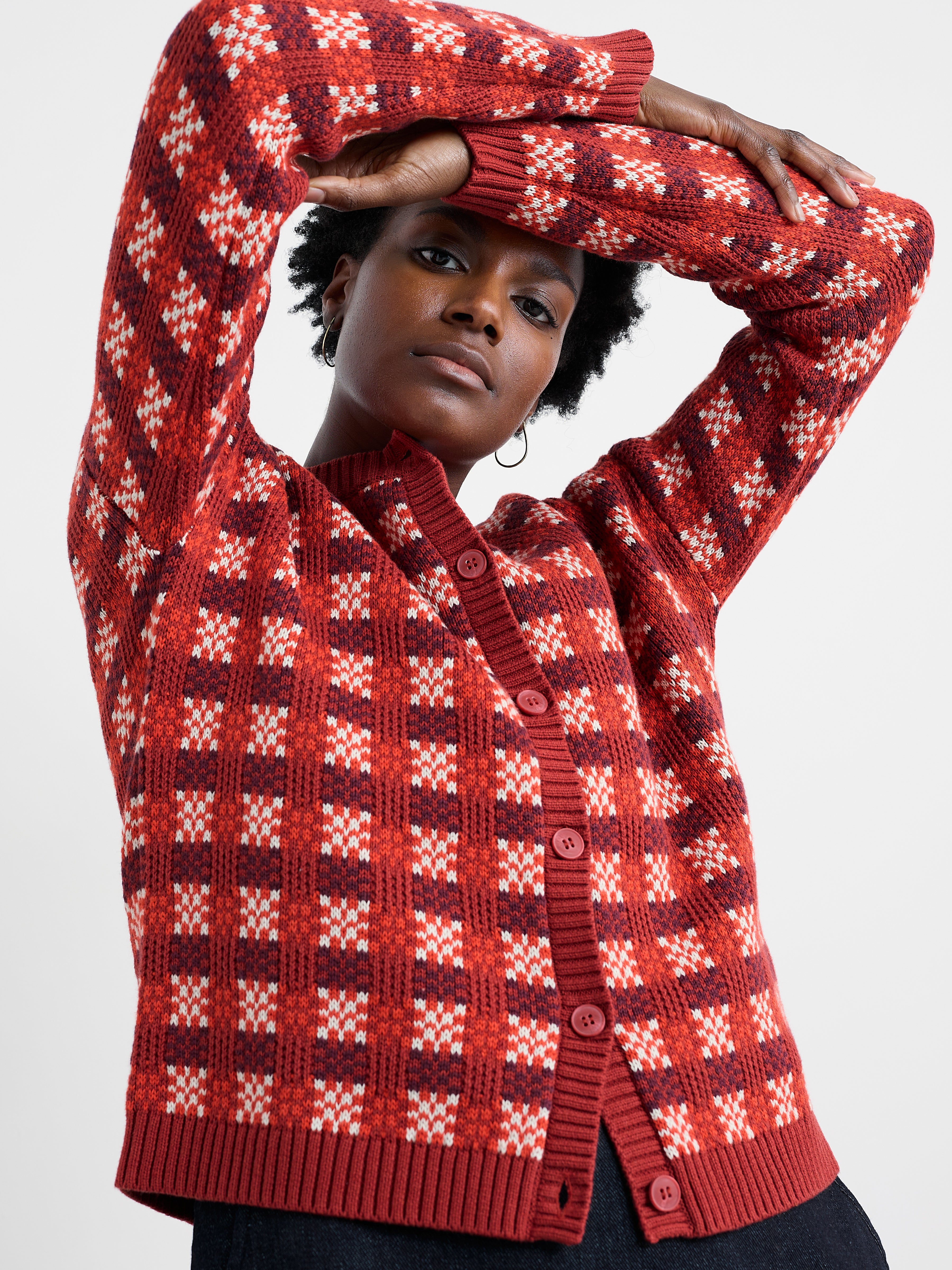 Seasalt Kensa Organic Cotton Checked Cardigan Circlet Deep Rust Chalk