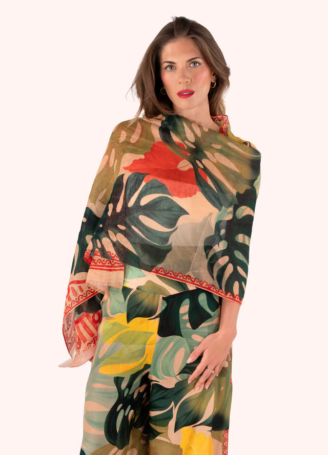 Powder Exotic Leaves Linen/Cotton Mix Scarf