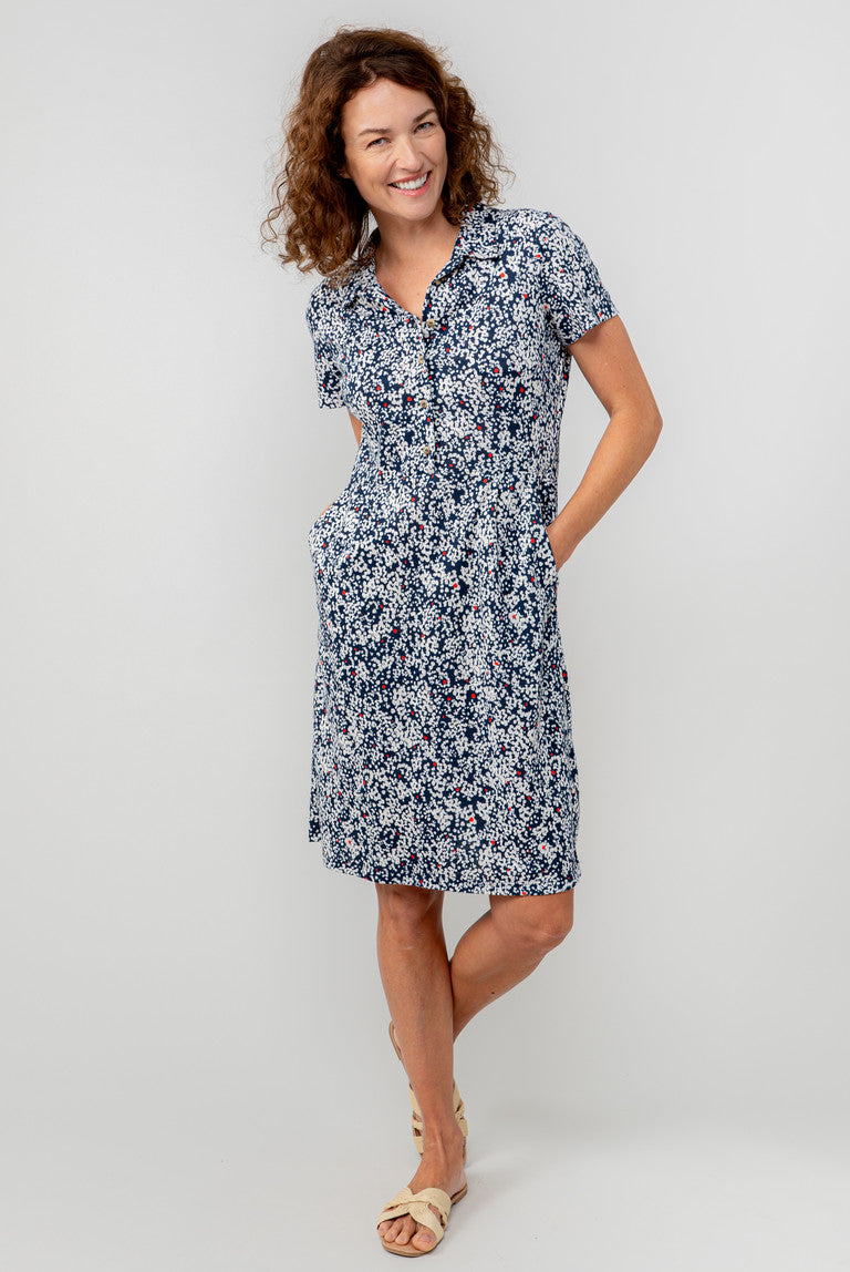 Lily & Me Elmore  Printed Cotton Jersey Shirt Dress Navy