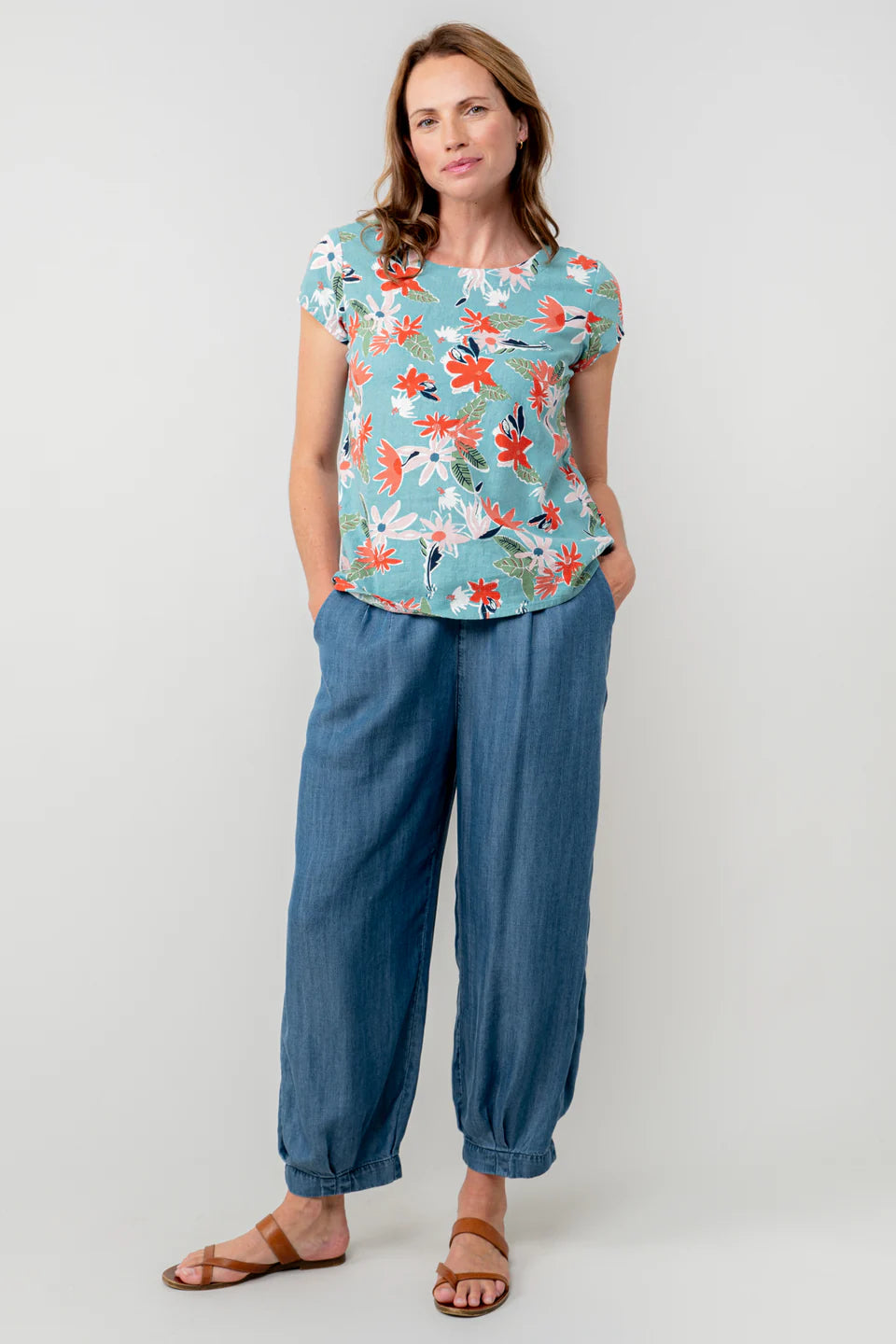 Lily & Me Sun And Shade Linen Blend Shell Top Ocean