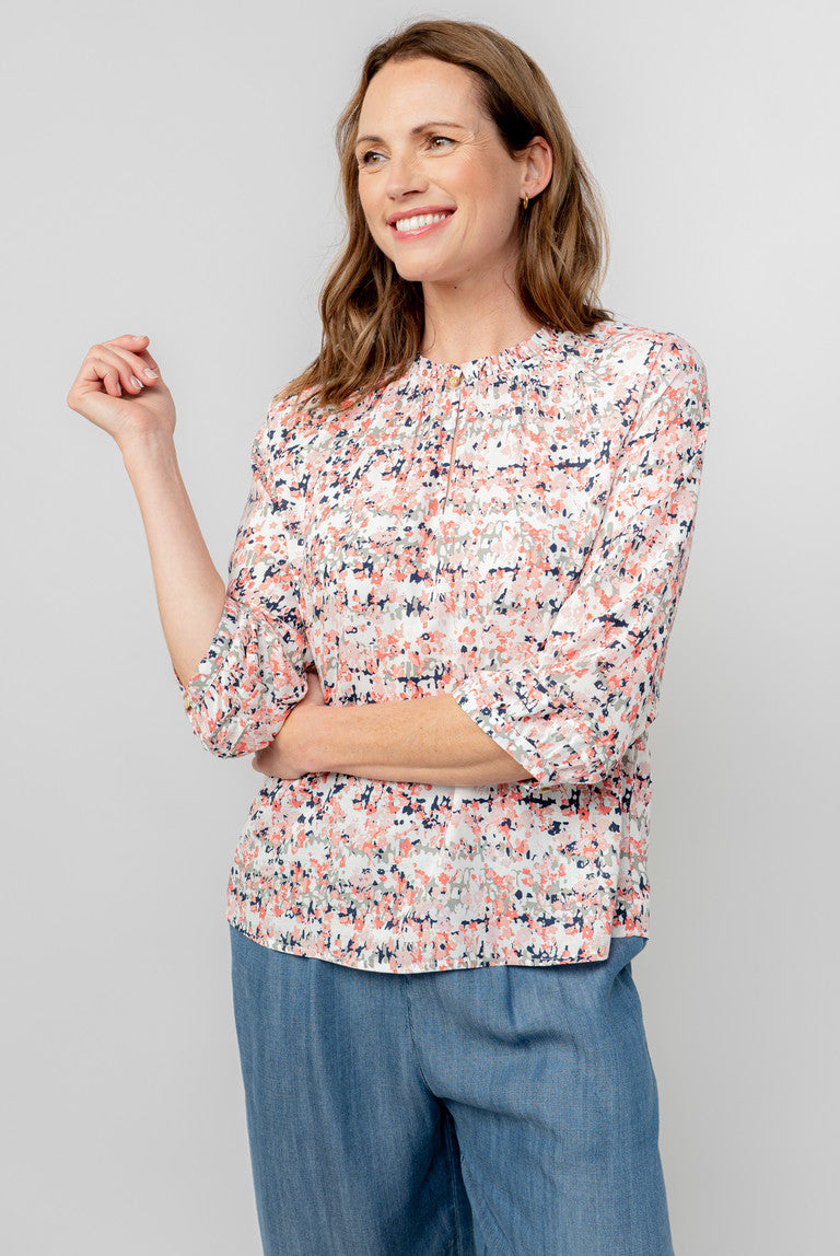 Lily & Me Zoe Keyhole Neck Blouse Ditsy Print White