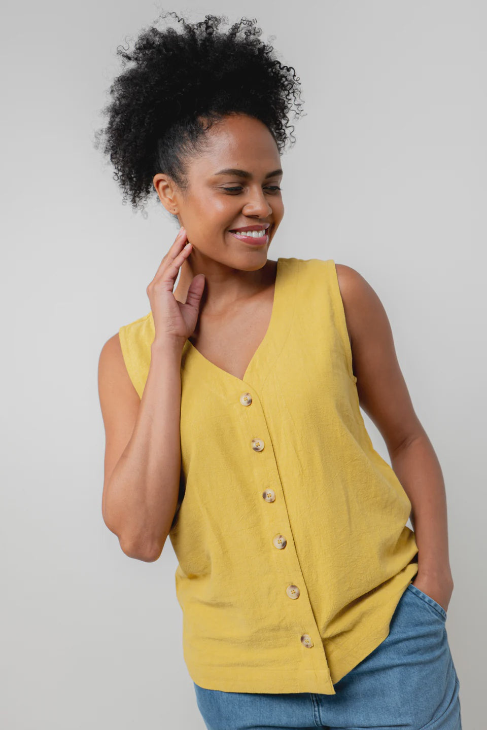 Lily & Me Allium Linen Blend Buttoned Vest Ochre