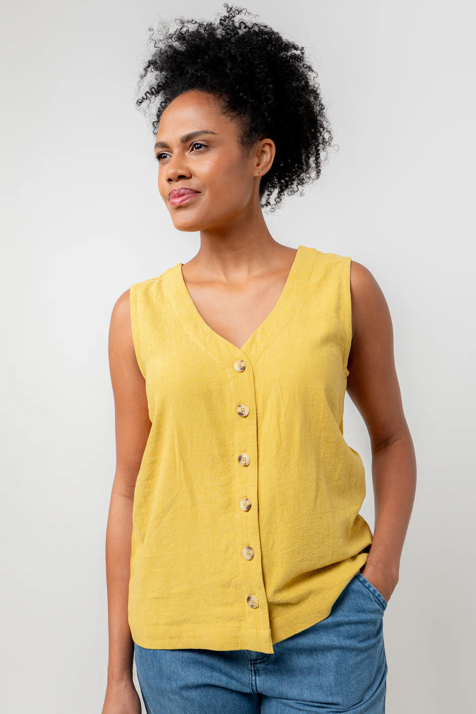 Lily & Me Allium Linen Blend Buttoned Vest Ochre