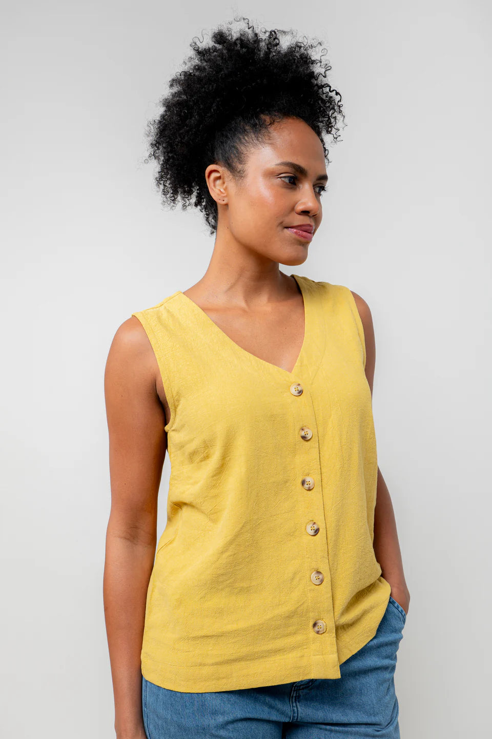 Lily & Me Allium Linen Blend Buttoned Vest Ochre