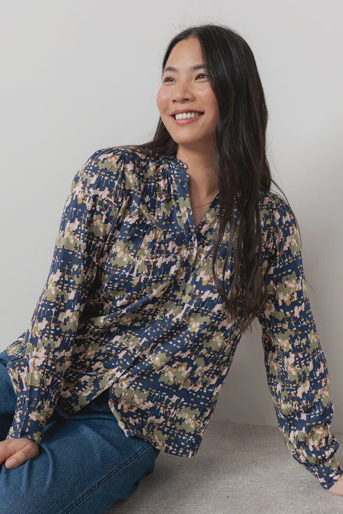 Lily & Me Wayfaring Frill Neck Blouse Clover Navy