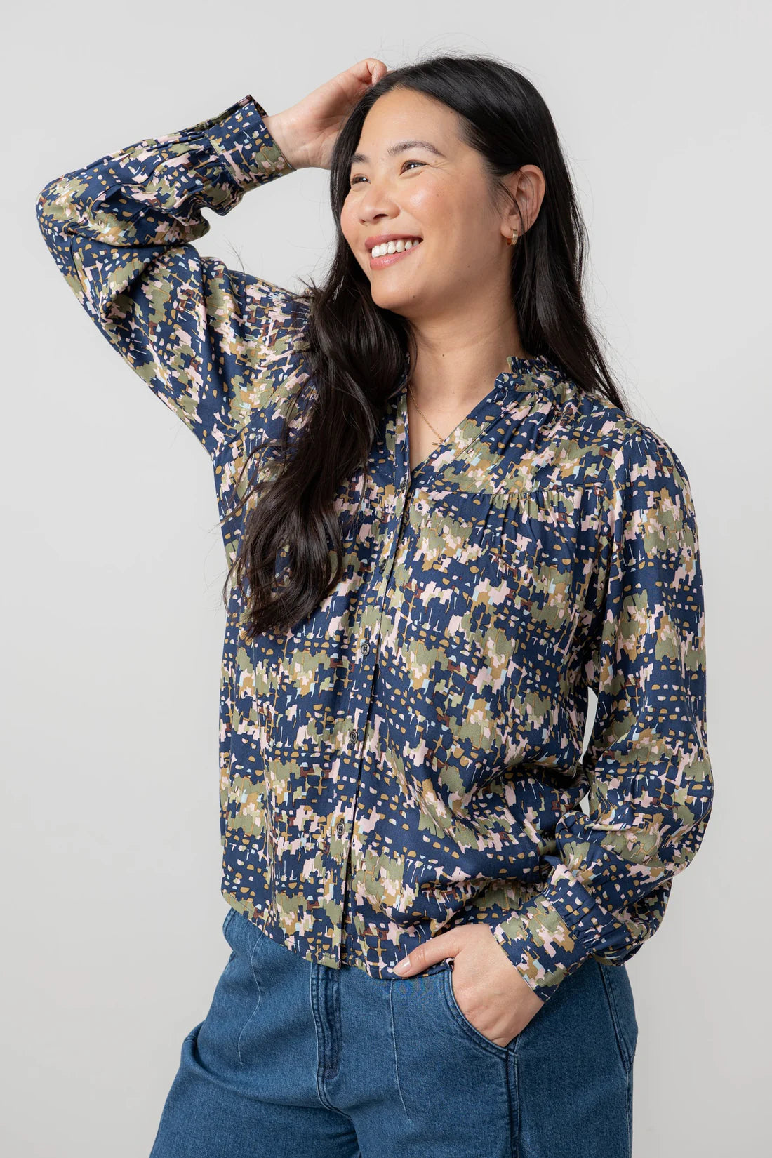 Lily & Me Wayfaring Frill Neck Blouse Clover Navy
