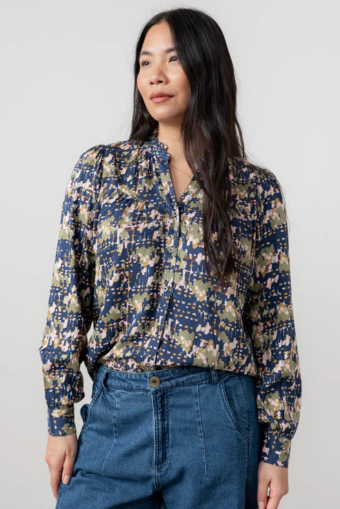 Lily & Me Wayfaring Frill Neck Blouse Clover Navy
