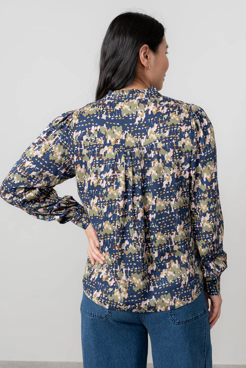 Lily & Me Wayfaring Frill Neck Blouse Clover Navy