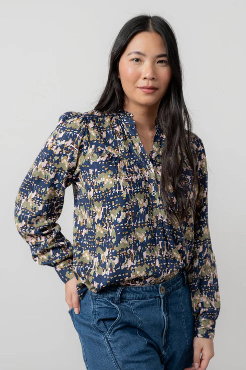 Lily & Me Wayfaring Frill Neck Blouse Clover Navy