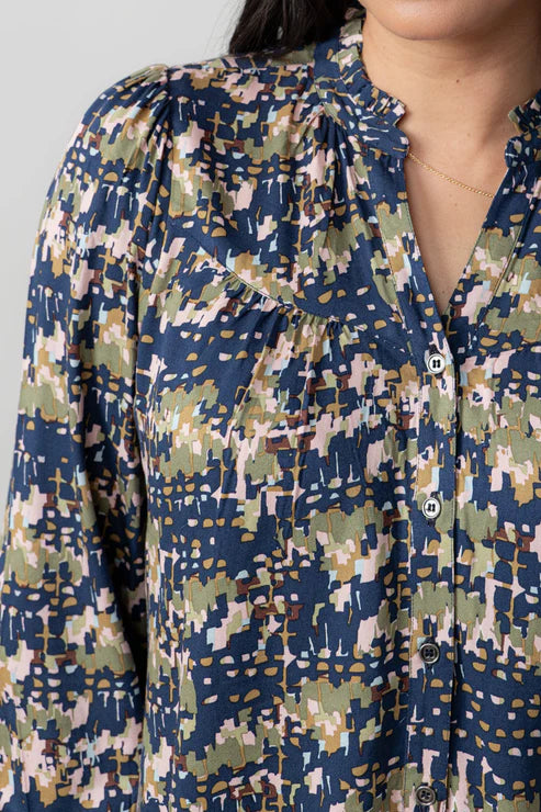 Lily & Me Wayfaring Frill Neck Blouse Clover Navy