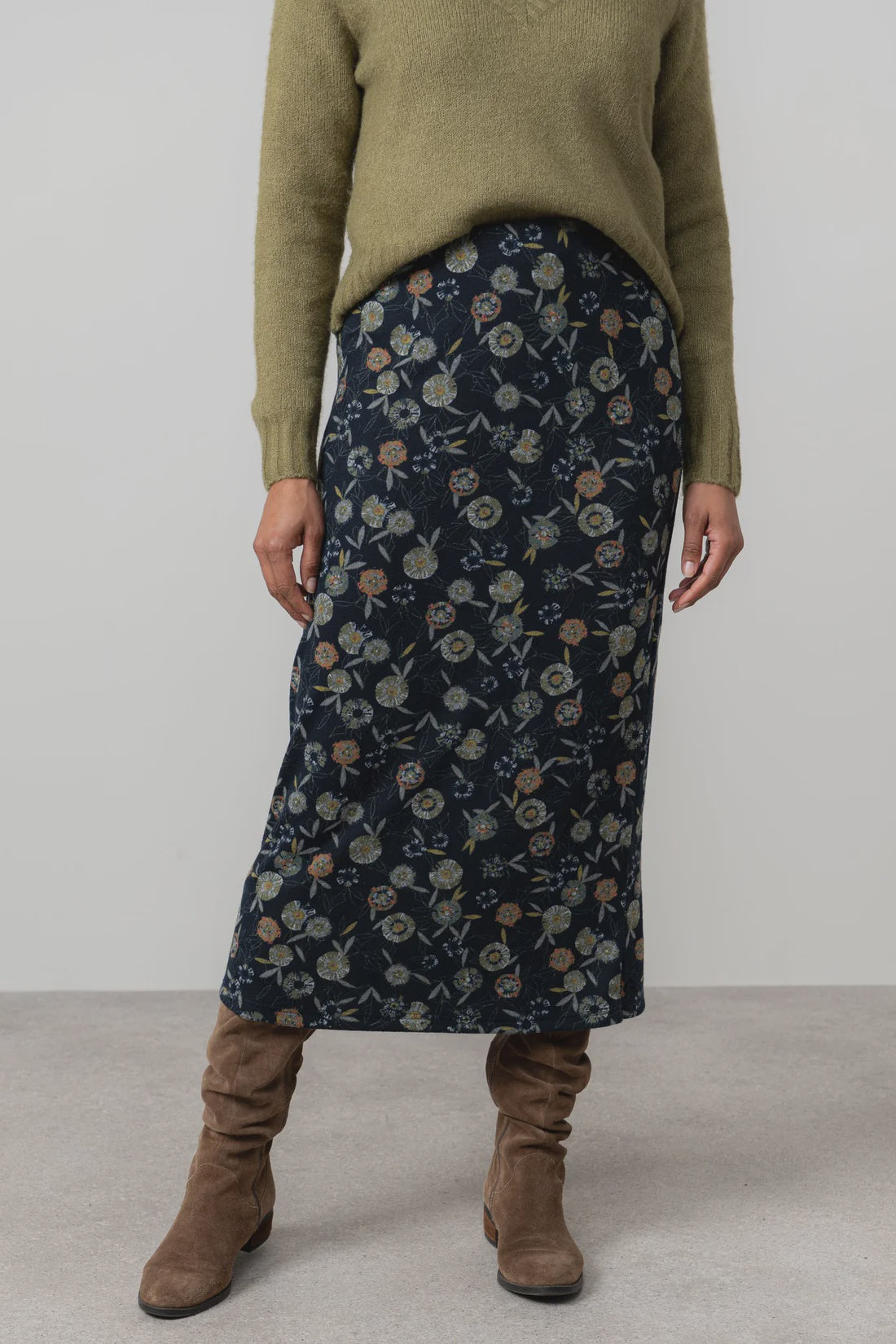 Lily & Me Melissa Printed Knit Midi Skirt Budling Navy