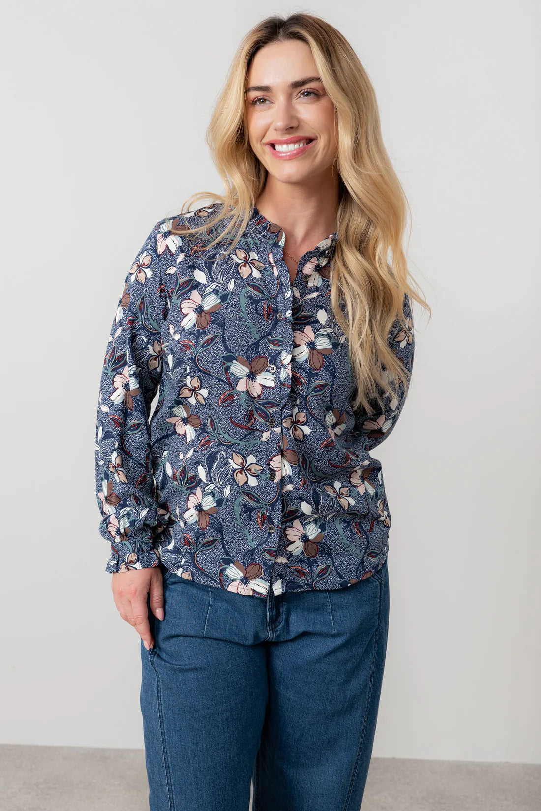 Lily & Me Rachel Frill Printed Blouse Navy
