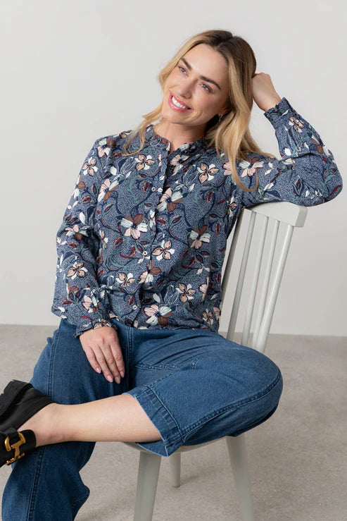 Lily & Me Rachel Frill Printed Blouse Navy