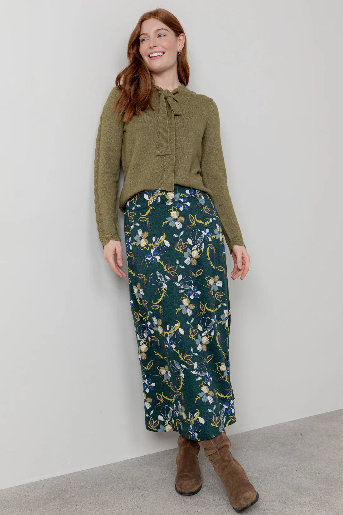 Lily & Me Elise Tie Neck Pointelle Jumper Moss