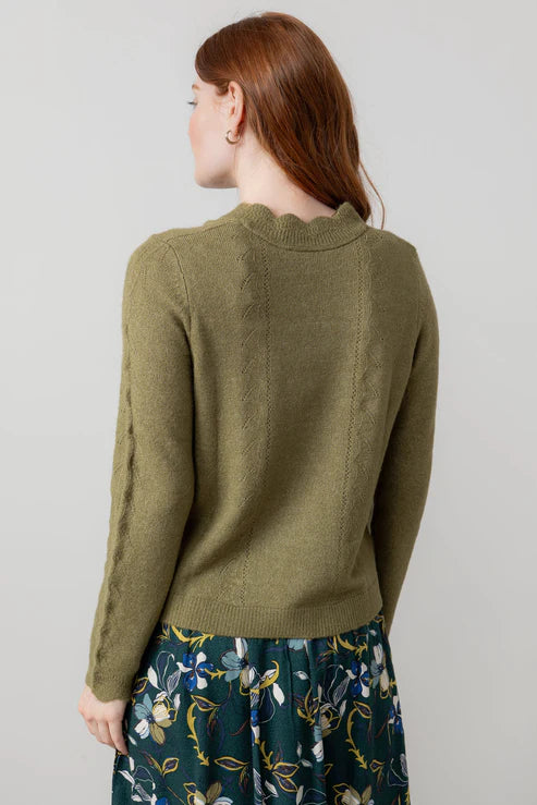 Lily & Me Elise Tie Neck Pointelle Jumper Moss
