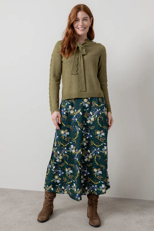 Lily & Me Elise Tie Neck Pointelle Jumper Moss