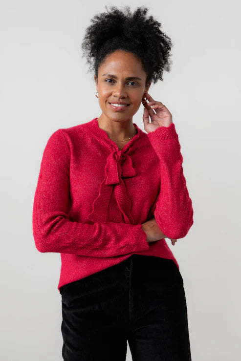 Lily & Me Elise  Tie Neck Pointelle Jumper Scarlet