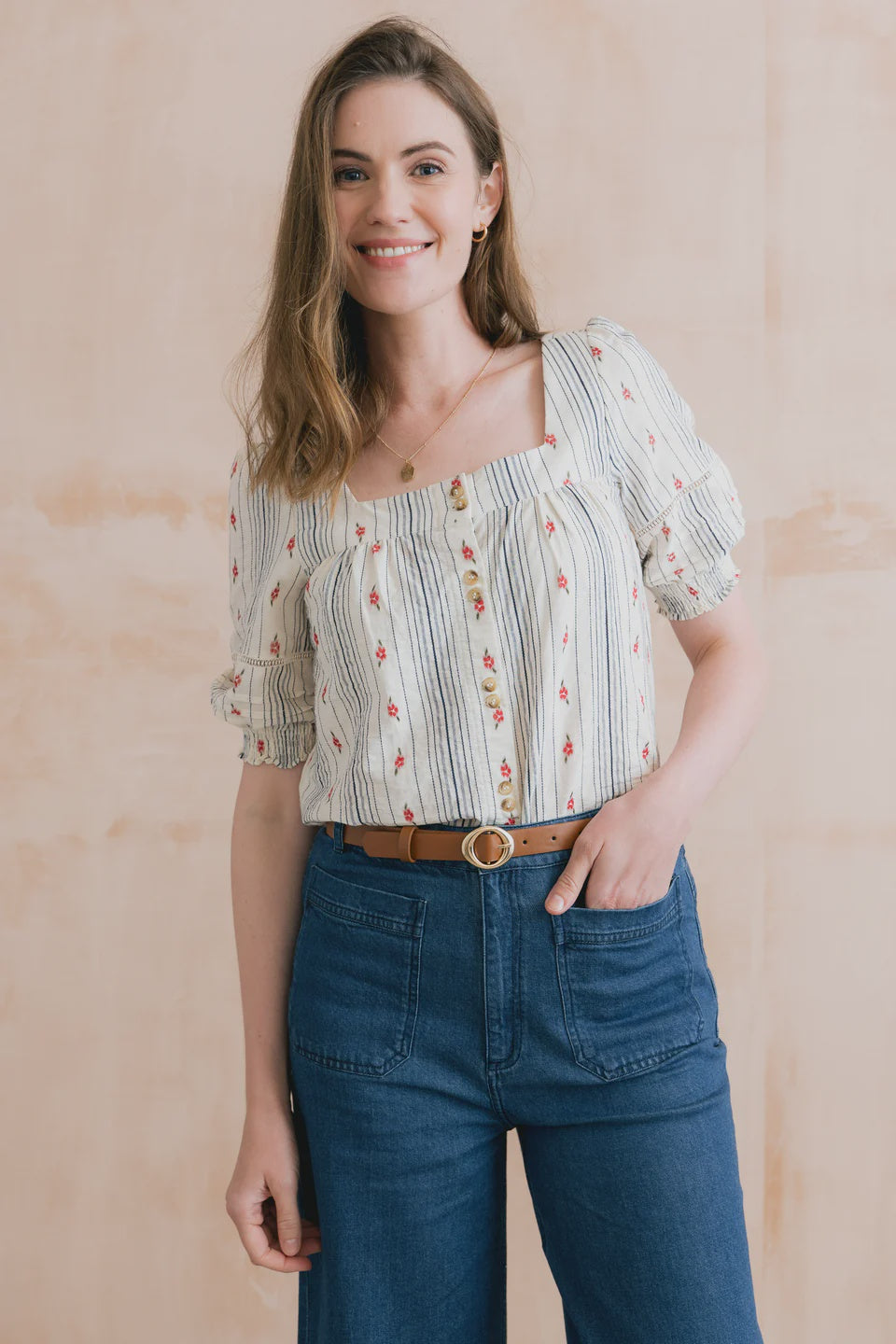 Lily & Me Poppy Embroidered Stripe Blouse Ecru