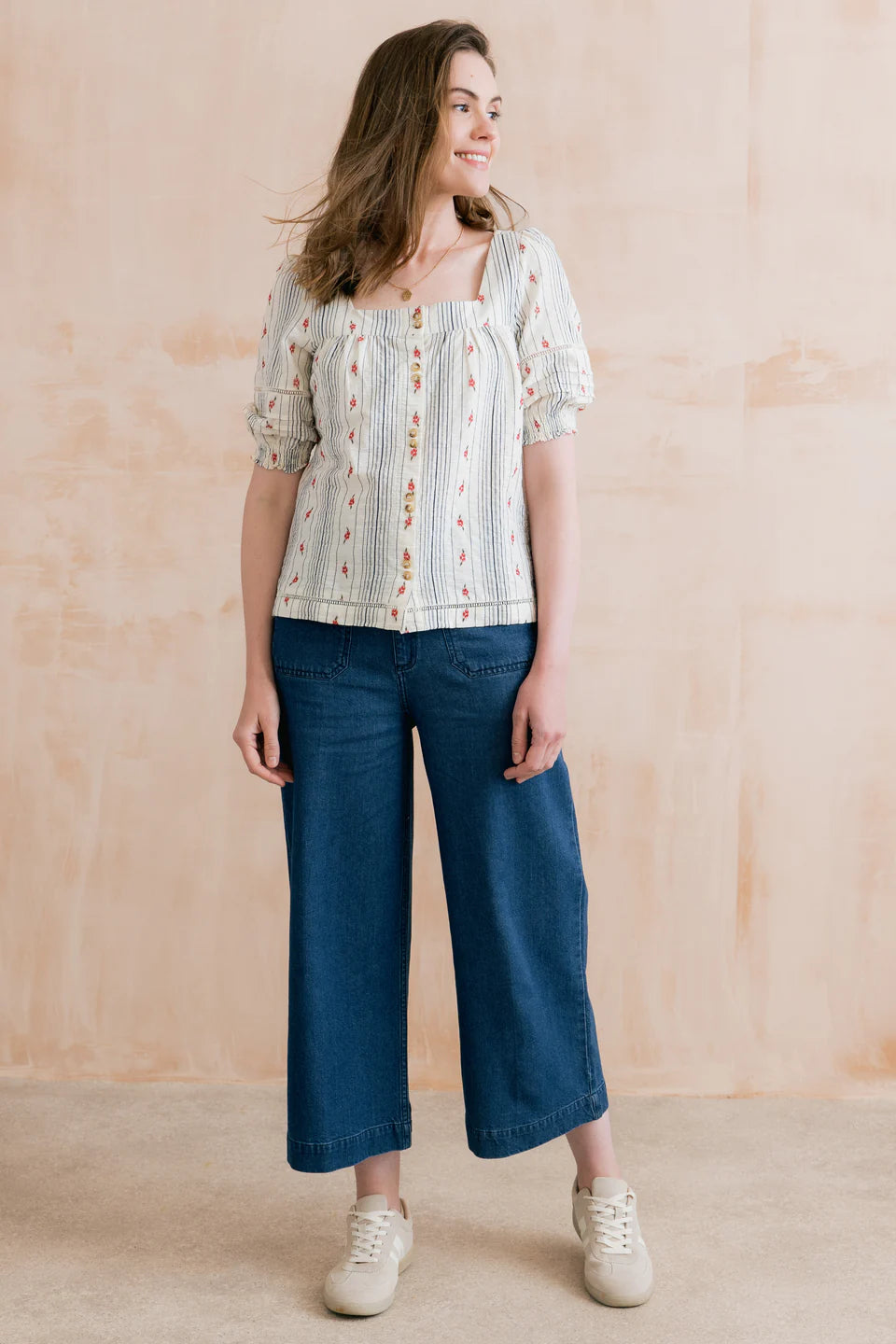 Lily & Me Poppy Embroidered Stripe Blouse Ecru