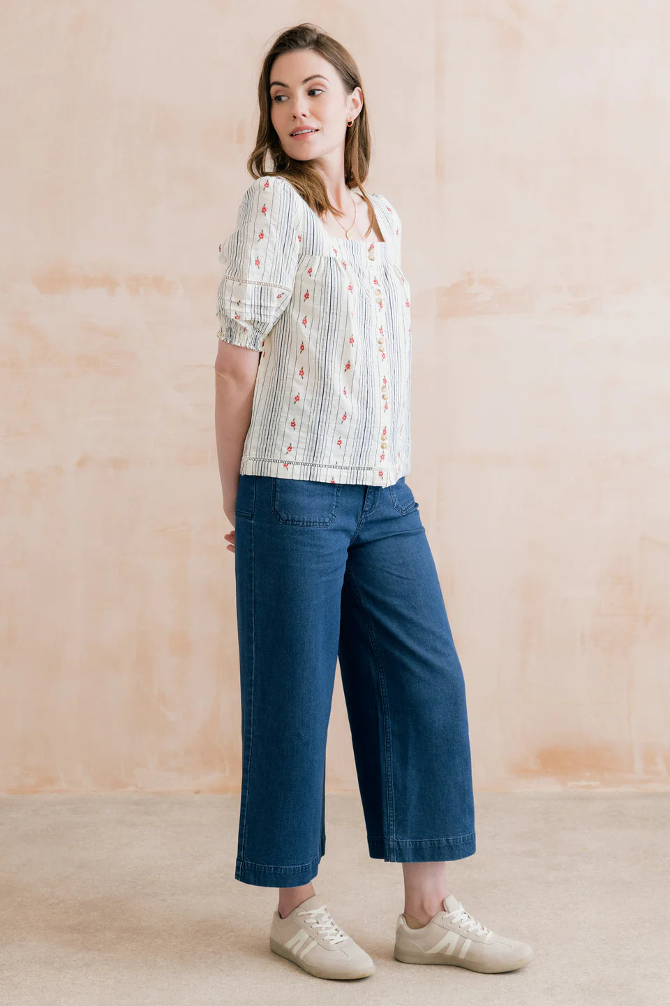 Lily & Me Poppy Embroidered Stripe Blouse Ecru