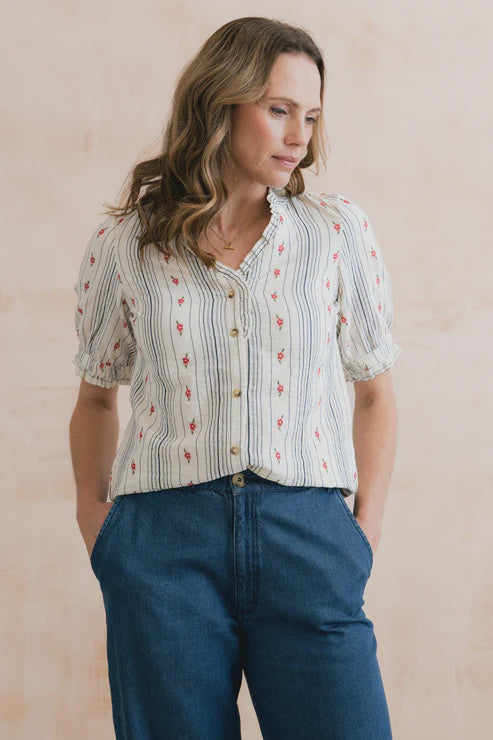 Lily & Me Wren Blouse Floral Embroidered Stripe Ecru