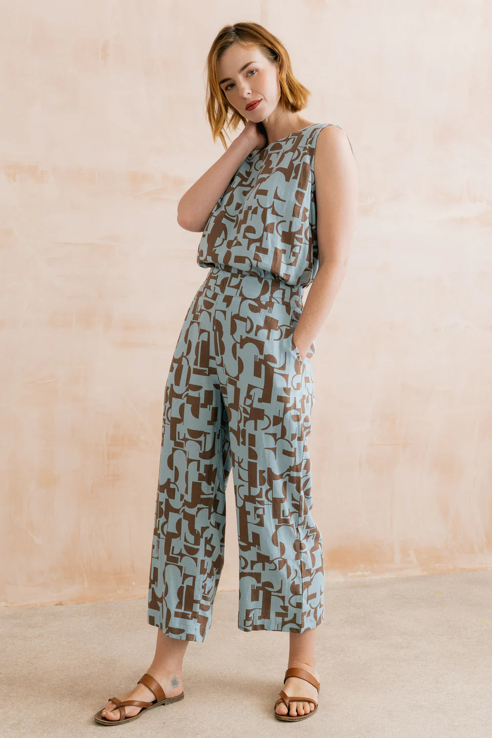 Lily & Me Greta Highline Print Cropped Trousers Mocha
