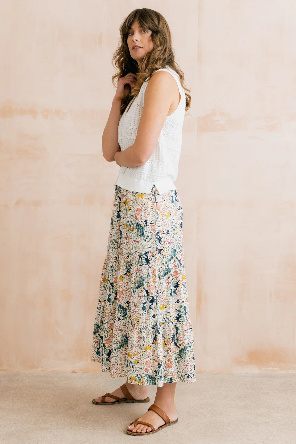 Lily & Me Evie Organic Cotton Ditsy Printed Midi Skirt Ecru