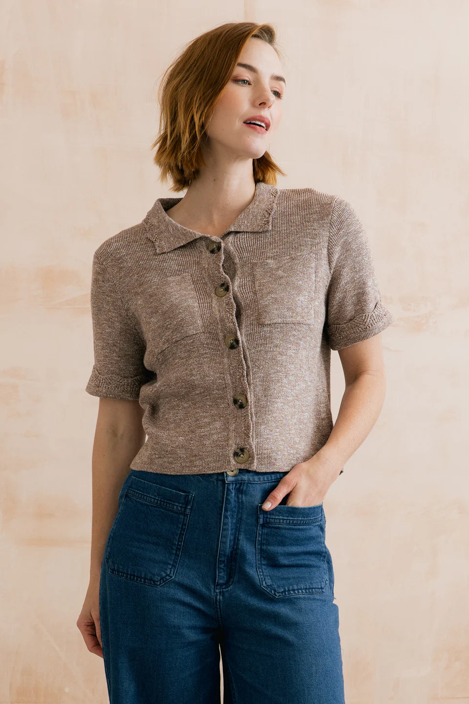 Lily & Me Phoebe Short Sleeve Jacket Linen Cotton Blend Mocha