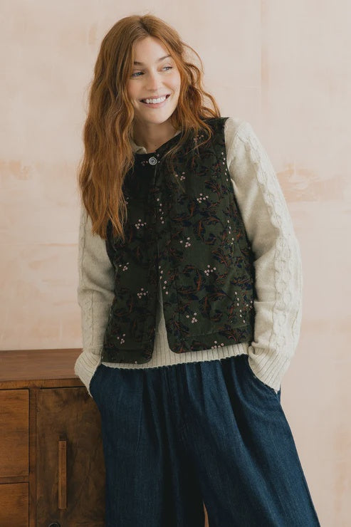 Lily & Me Twilight 100% Cotton Corduroy Gilet Trailing Leaves Dark Olive