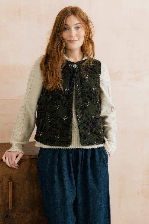 Lily & Me Twilight 100% Cotton Corduroy Gilet Trailing Leaves Dark Olive