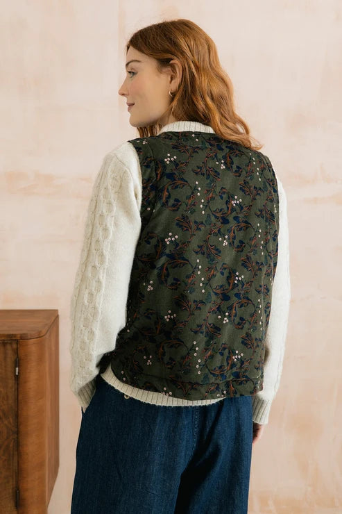 Lily & Me Twilight 100% Cotton Corduroy Gilet Trailing Leaves Dark Olive