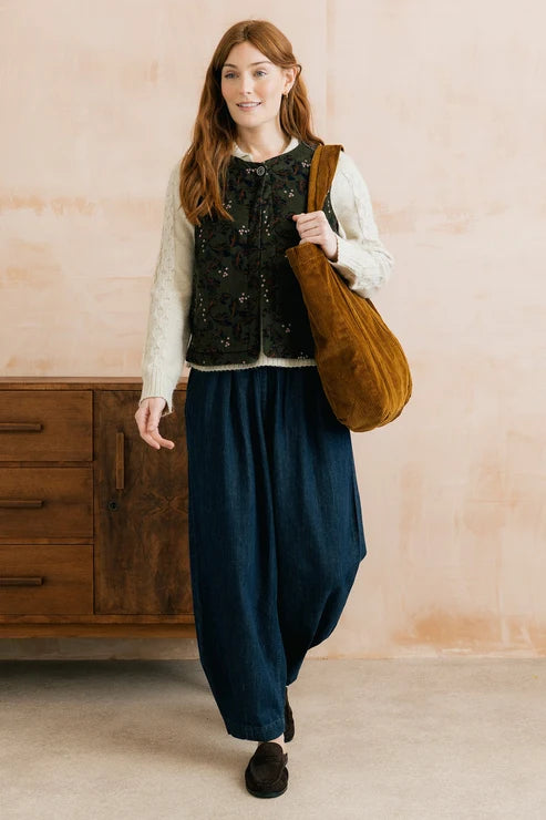 Lily & Me Twilight 100% Cotton Corduroy Gilet Trailing Leaves Dark Olive