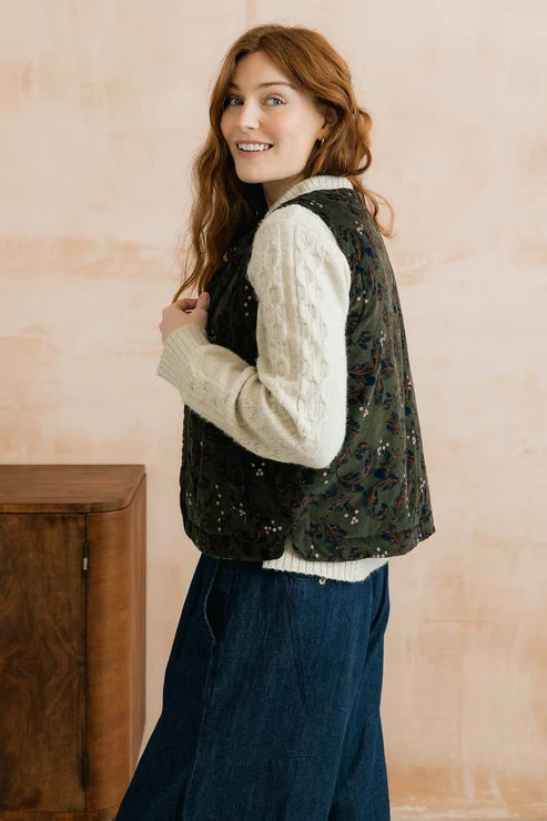 Lily & Me Twilight 100% Cotton Corduroy Gilet Trailing Leaves Dark Olive