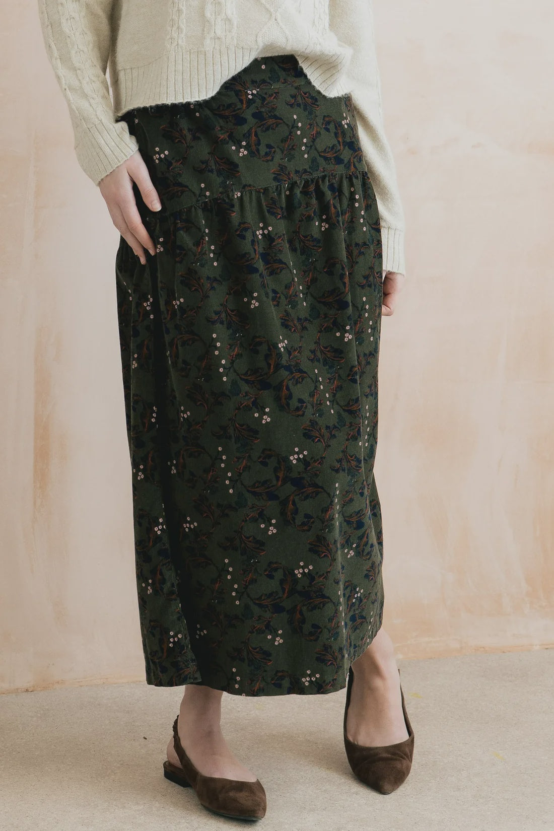 Lily & Me Frances 100% Cotton Corduroy Skirt Trailing Leaves Dark Olive