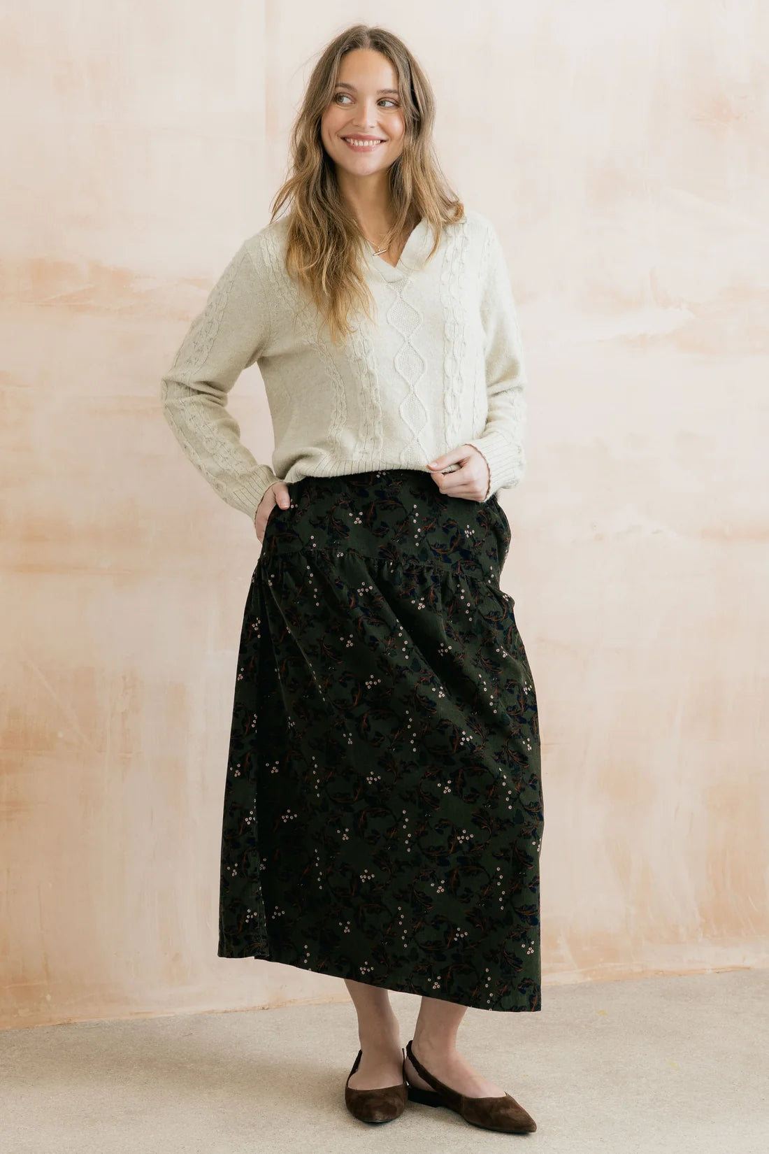 Lily & Me Frances 100% Cotton Corduroy Skirt Trailing Leaves Dark Olive