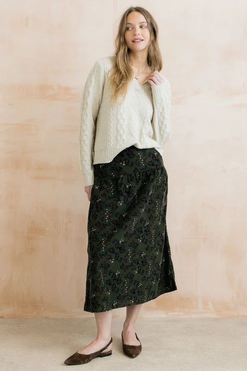 Lily & Me Frances 100% Cotton Corduroy Skirt Trailing Leaves Dark Olive