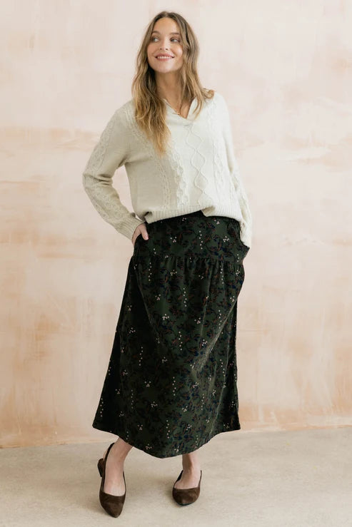 Lily & Me Frances 100% Cotton Corduroy Skirt Trailing Leaves Dark Olive