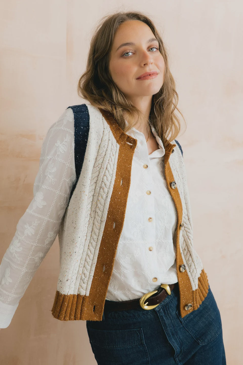 Lily & Me Grove Colour Block Vest Fleck Cable Knit Ecru