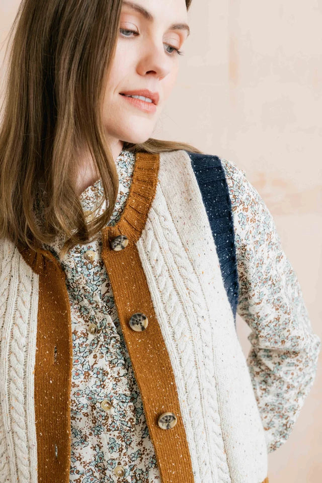 Lily & Me Grove Colour Block Vest Fleck Cable Knit Ecru