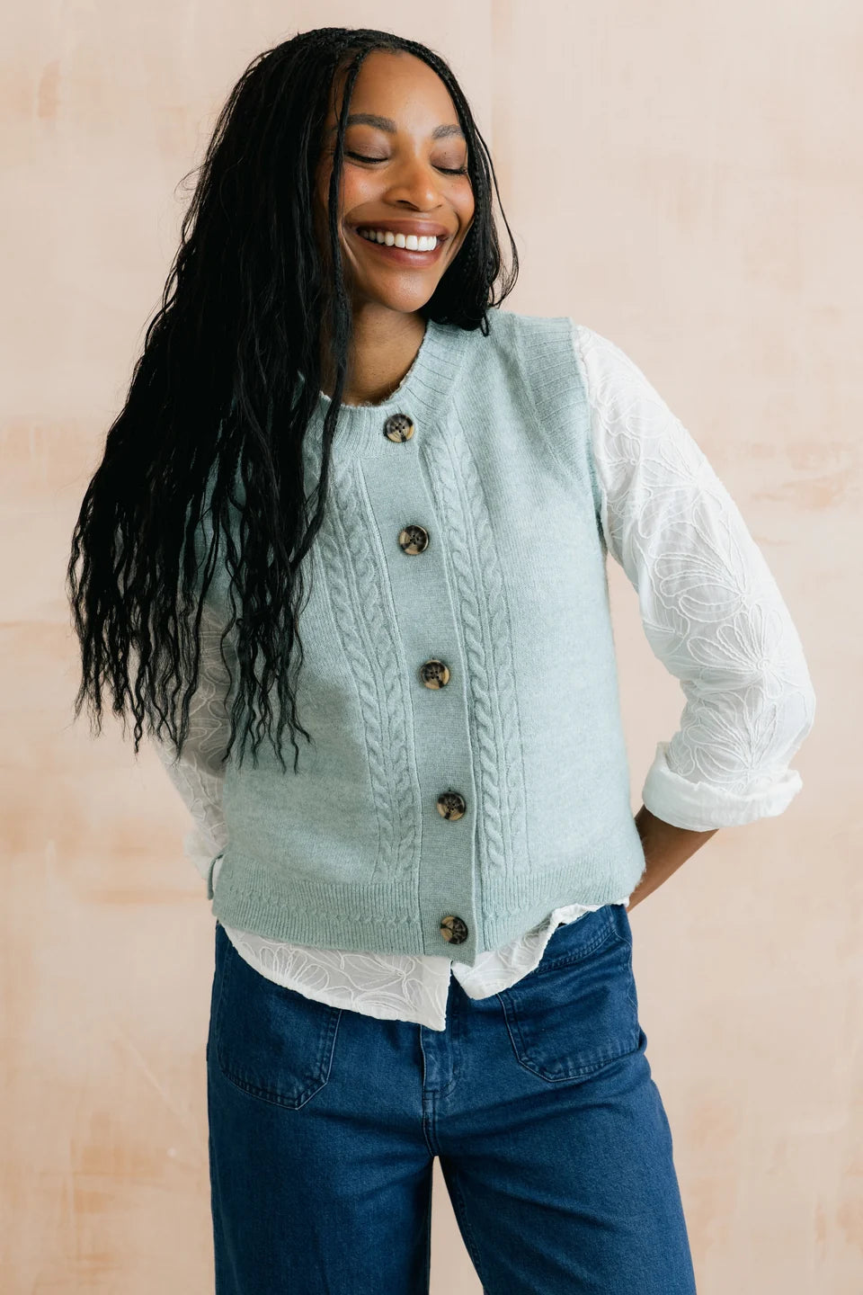 Lily & Me Stencil Vest Cable Knit Sea Blue