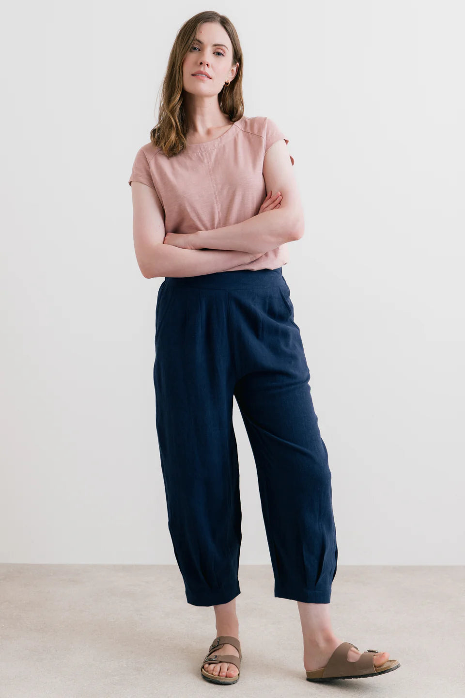 Lily & Me Sail Linen Blend Cropped Trousers Navy