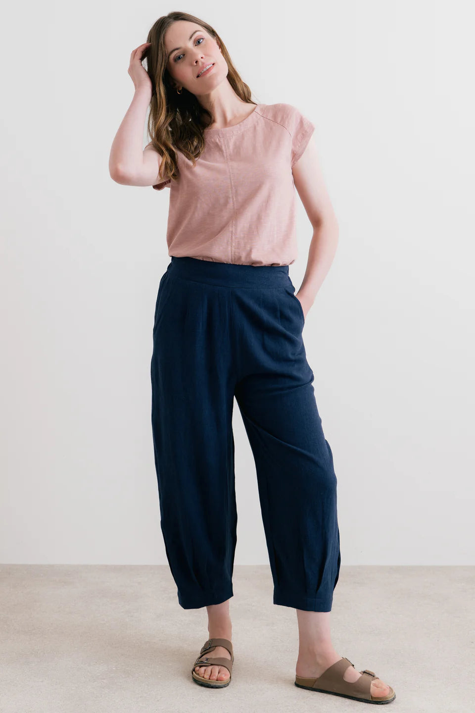 Lily & Me Sail Linen Blend Cropped Trousers Navy