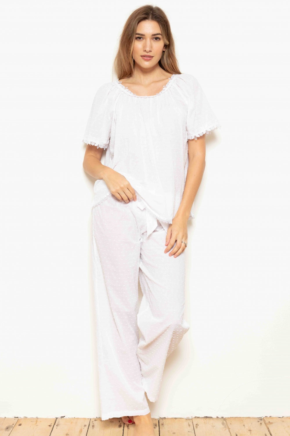 Cottonreal Lorna Cotton Voile Swiss Dot Slip-On Pyjamas White