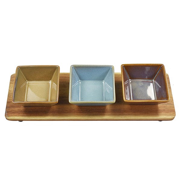 Elements 3 Square  Snack Dishes On Wooden Tray