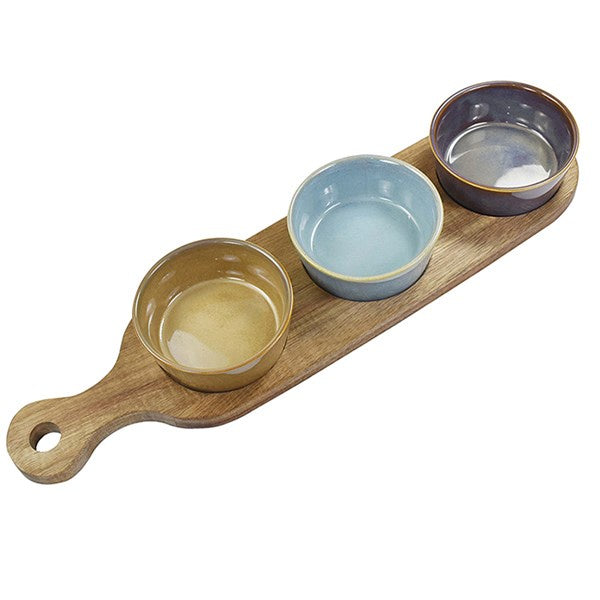 Elements 3 Round Dishes On Long Wooden Tray