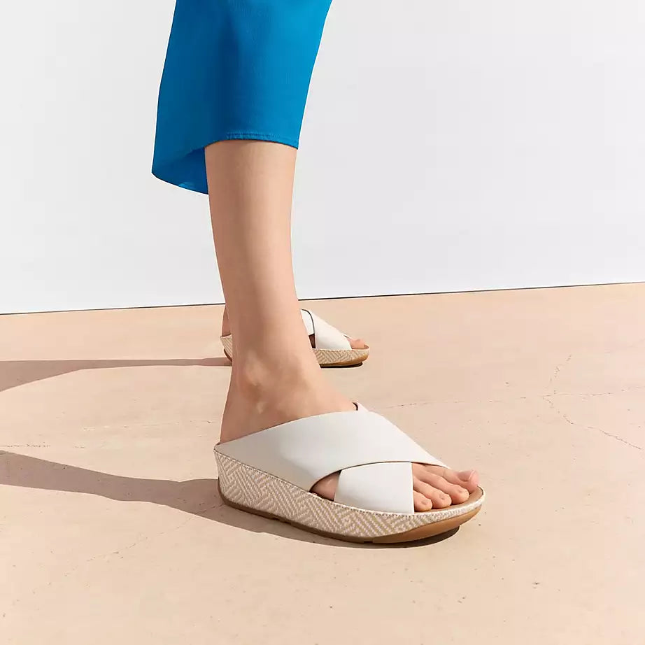 FitFlop Lulu Lux Graphic-Weave Leather Cross Slides Urban White