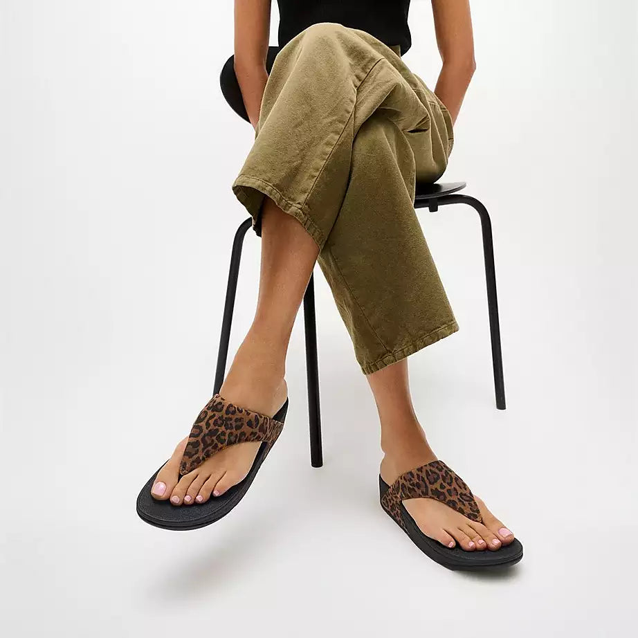 FitFlop Lulu Suede Leopard Toe-Post Sandal Tan/Black